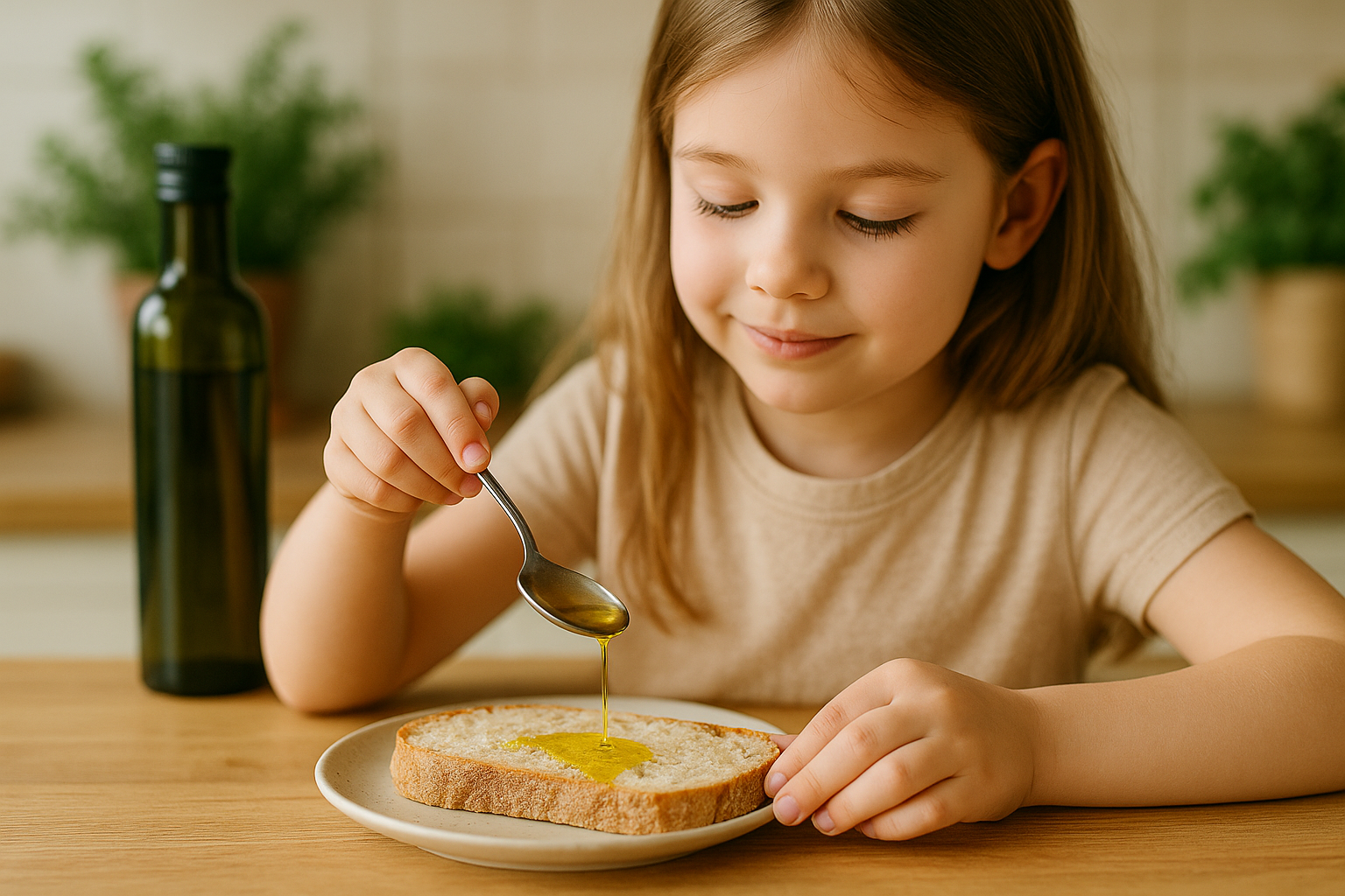 Niño sonriente desayunando tostada con aceite de oliva virgen extra