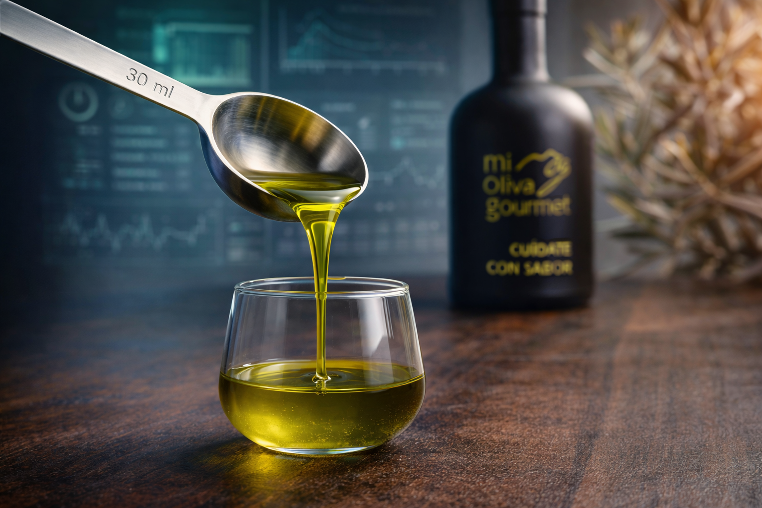 Cucharada de aceite de oliva virgen extra dorado vertida sobre un vaso medidor de 30 ml