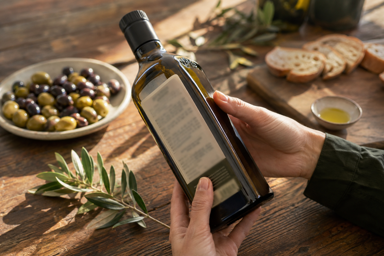 Persona girando una botella de aceite de oliva virgen extra para leer en la etiqueta la categoría, el origen y la campaña de recolección