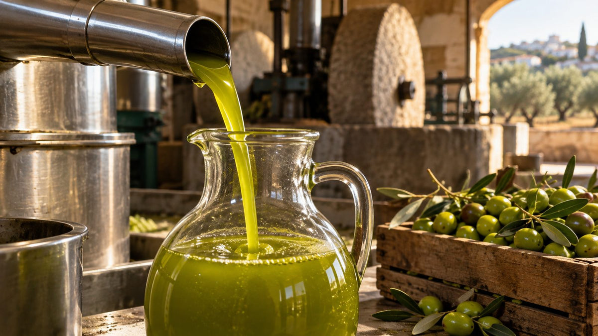 El primer aceite del año, verde intenso, recién salido de la almazara