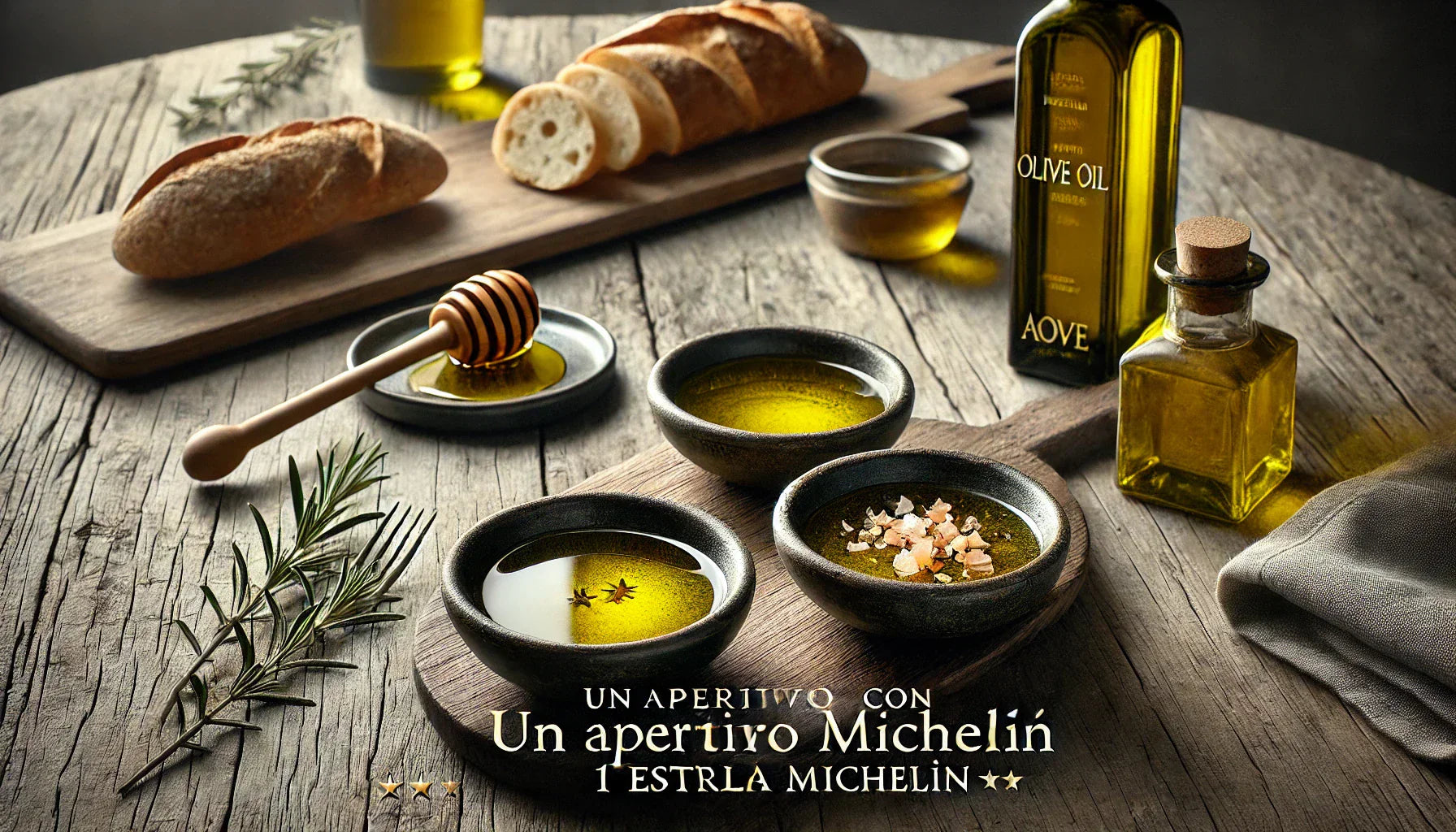 Aperitivo gourmet con aceite de oliva virgen extra Mi Oliva en mesa de restaurante con estrella Michelín