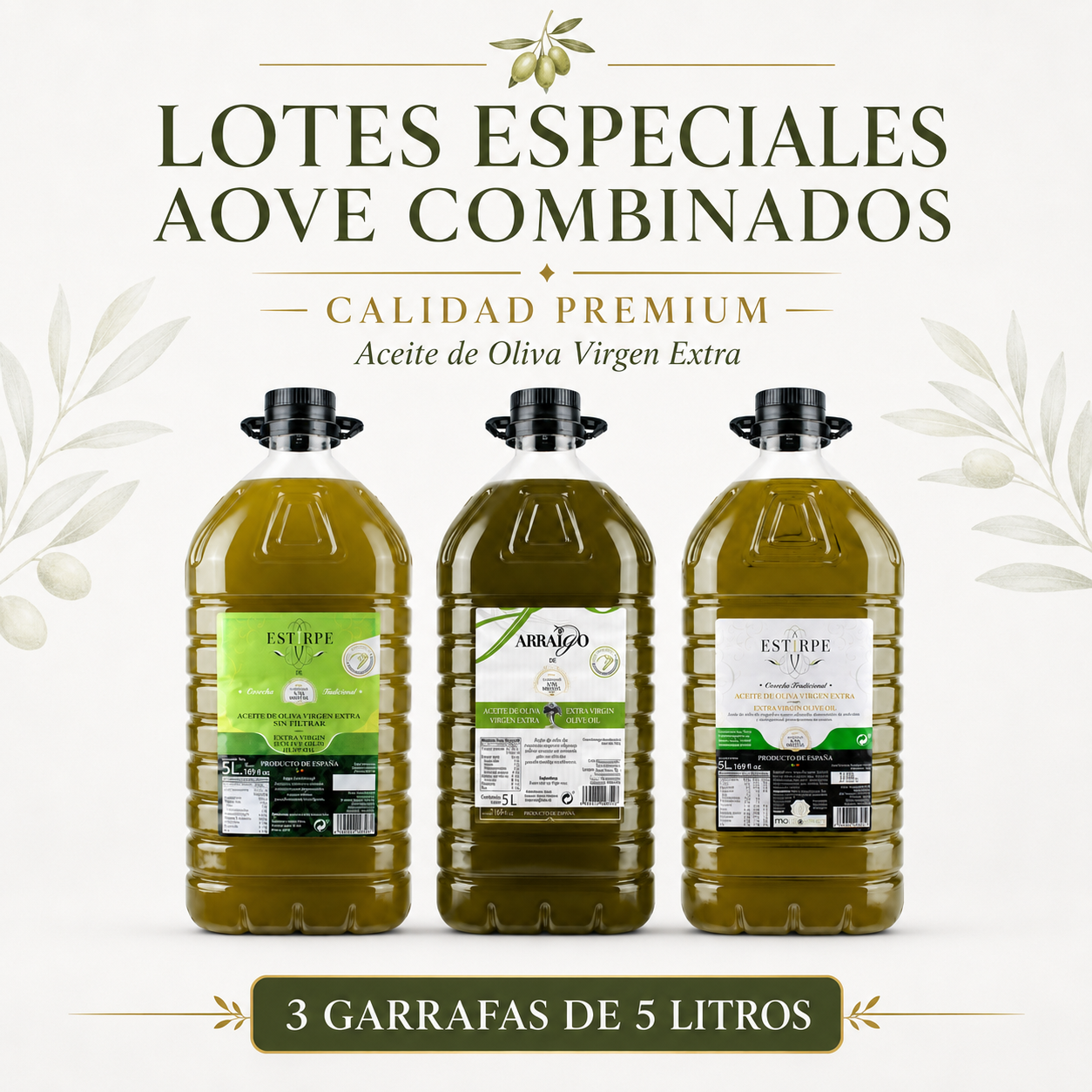 Lotes especiales AOVE combinados – Calidad Premium – 3 garrafas de 5 Litros