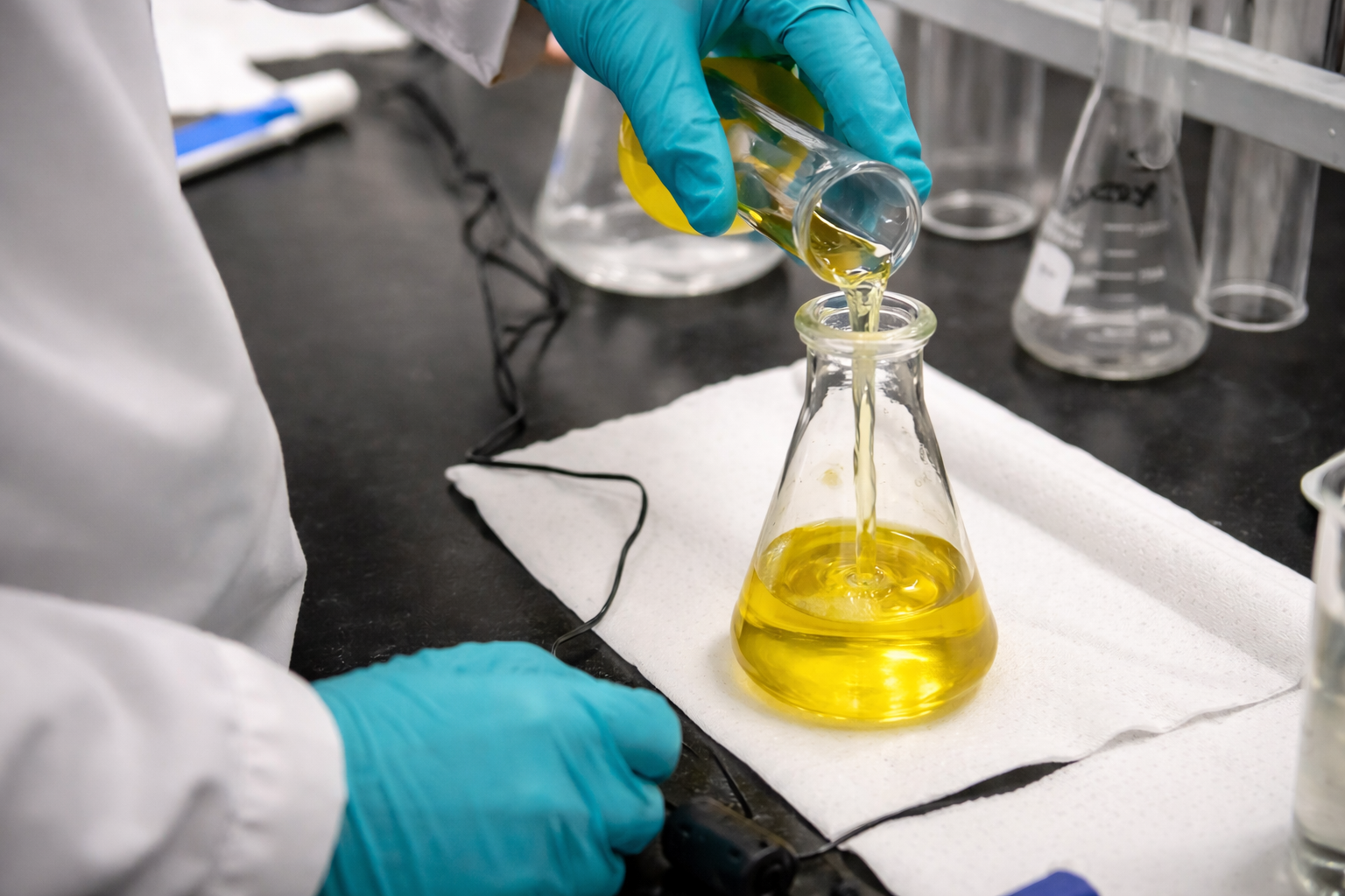 Análisis de laboratorio de la acidez del aceite de oliva virgen extra: vial con AOVE verde de alta calidad