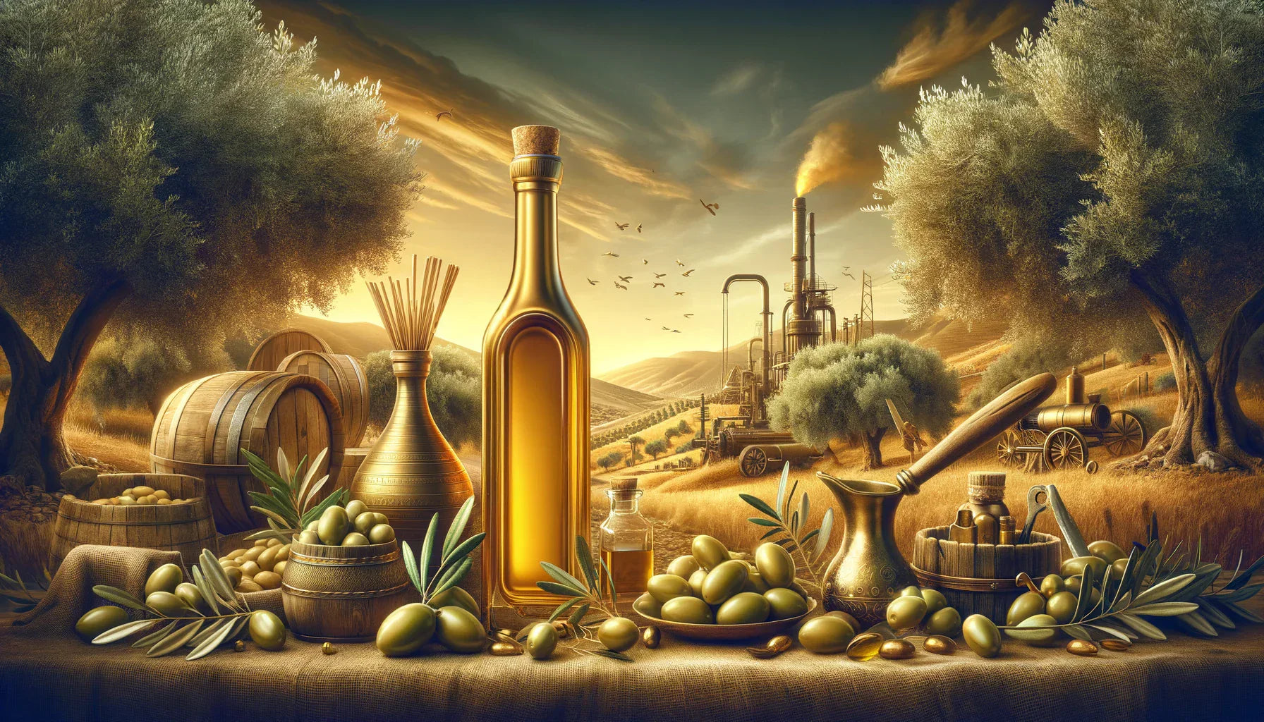 Ilustración histórica medieval sobre la elaboración de aceite de oliva virgen extra
