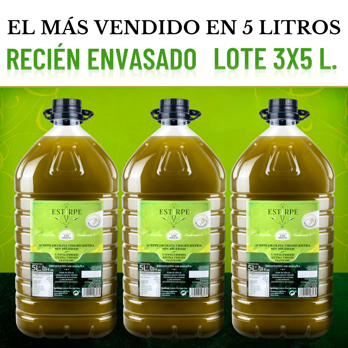 Aceite de Oliva Estirpe sin Filtrar Lote de 3x5 Litros
